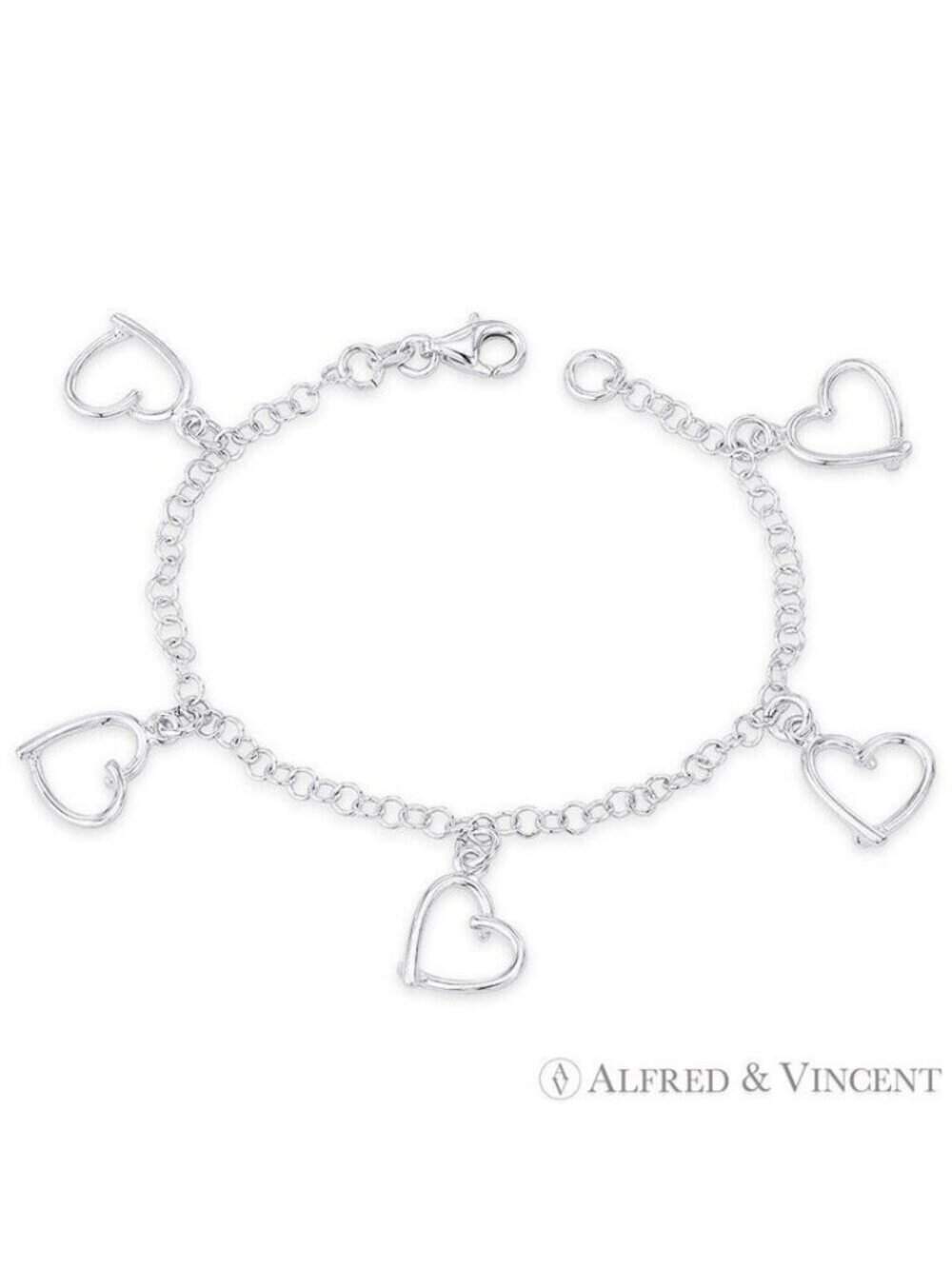 Polished Abstract Heart & Cable Chain Charm Bracelet in .925 Sterling Silver- 7"